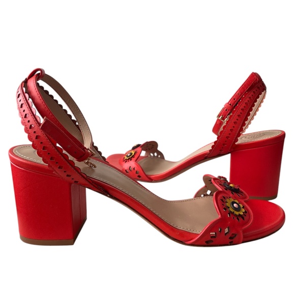 Tory Burch Marguerite Perforated Chunk Heel Sandal Size 7M Orange Floral - Picture 6 of 9